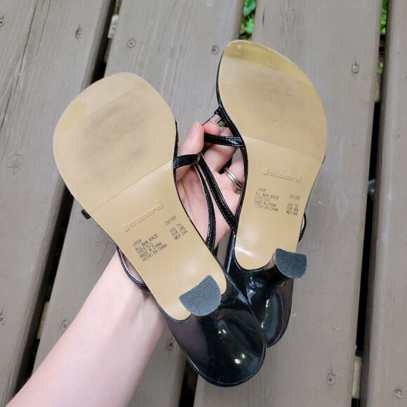 Vintage 90s Y2K Black Faux Leather Rhinestone Rachel Green Kitten Heel Sandals - Picture 7 of 9